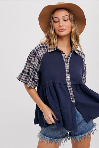 Blue Plaid Babydoll Top