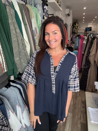 Blue Plaid Babydoll Top