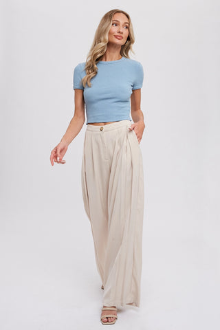 Beige Pintuck Wide Leg Pants