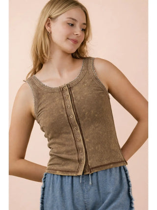 Mocha Vintage Wash Button Tank
