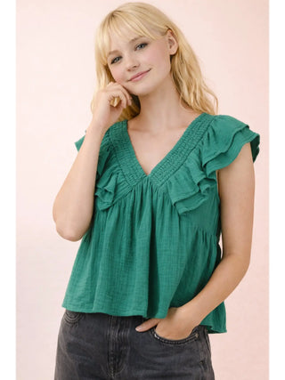 Emerald Ruffle V-Neck Top