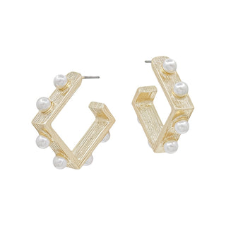 Gold Diamond Shape Pearl Hoop Earring