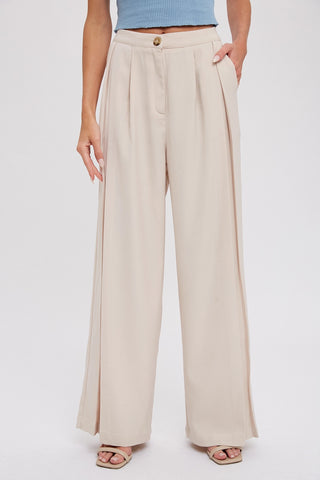 Beige Pintuck Wide Leg Pants