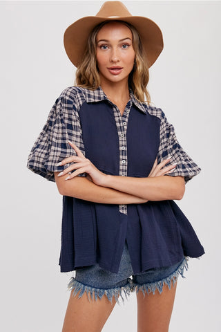 Blue Plaid Babydoll Top
