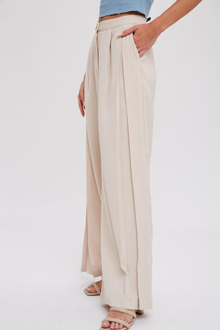 Beige Pintuck Wide Leg Pants
