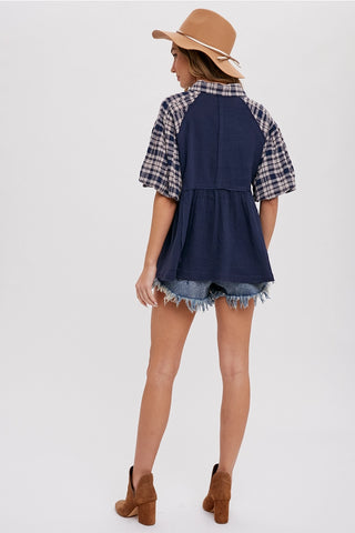 Blue Plaid Babydoll Top