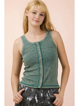 Green Vintage Wash Button Tank