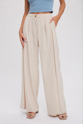 Beige Pintuck Wide Leg Pants