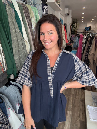 Blue Plaid Babydoll Top