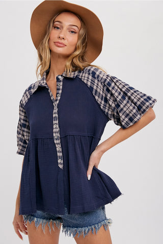 Blue Plaid Babydoll Top