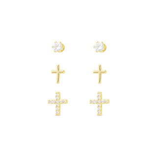 Gold CZ Stud Trio Earring Set