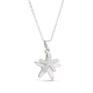 Mother of Pearl and CZ Double Starfish Necklace - Silver
